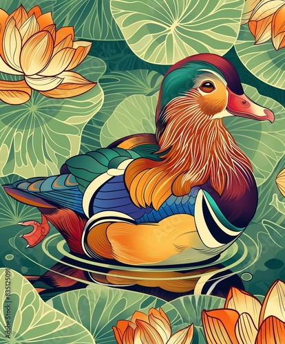 Colorful Mandarin Duck Swimming in Pond With Lotus Flowers