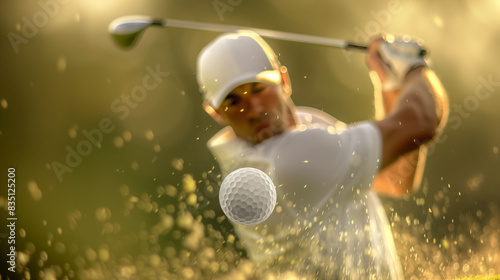 Close-up on a golf ball flying with a pro golfer on the background