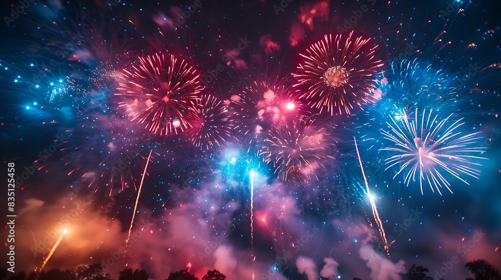 Fototapeta premium patriotic firework display lighting up night sky captured vibrant long exposure photography using DSLR camera tripod burst of red white blue fill air dazzling brilliance inspiring awe reverence nation