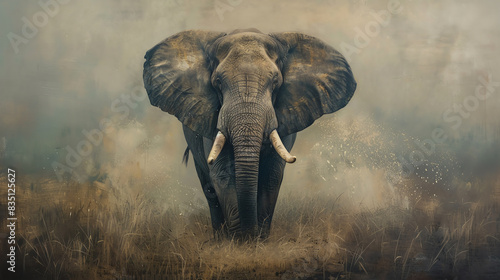 Bring a sense of grandeur and strength to life with a traditional medium, portraying the elephants vast form and textures in a rich oil painting style that commands attention photo