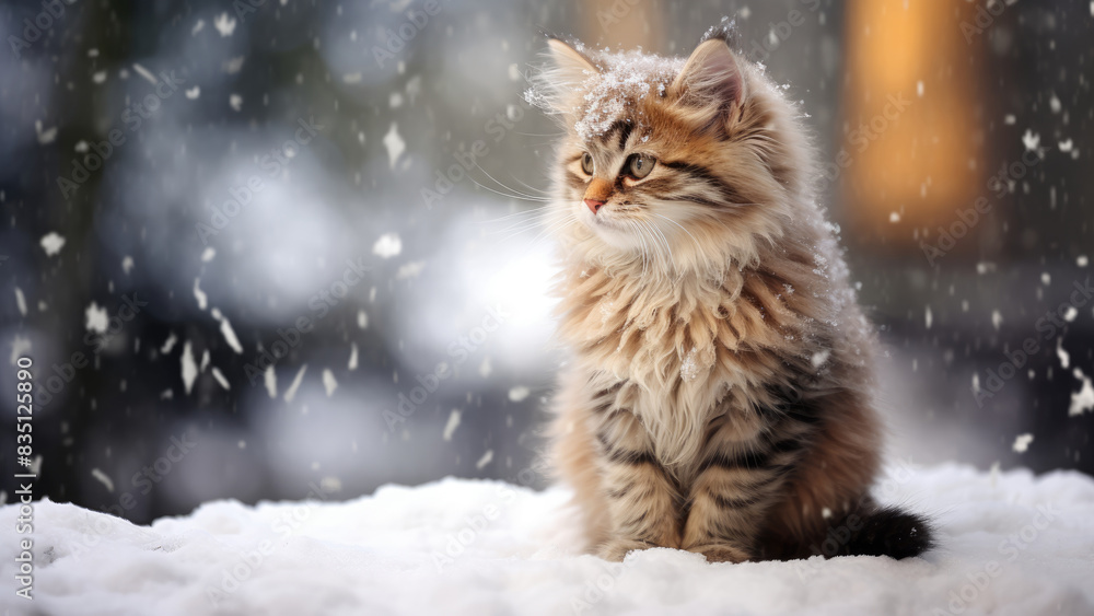 Cute fluffy kitten playing in the winter snow
Cute fluffy kitten playing in the winter snow