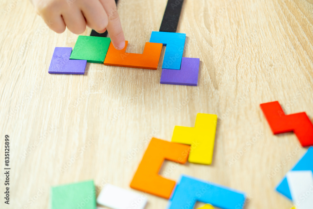 Obraz premium Toddler's hands manipulate colorful wooden geometric pieces intellectual puzzle, smart child solves problem, brain development, fine motor skills