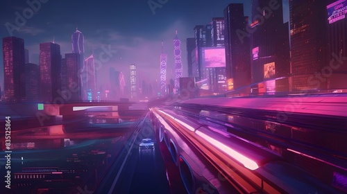  Neon-lit cyberpunk cityscape with vibrant colors and high-speed traffic.