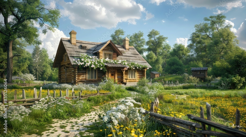 A picturesque log cabin surrounded by lush greenery, blooming flowers, and a serene atmosphere under a blue sky. A picturesque log cabin surrounded by lush greenery, blooming flowers, and a serene atmosphere under a blue sky.