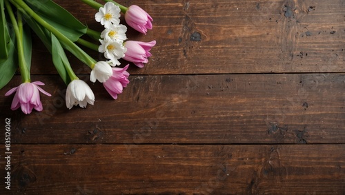 bouquet of pink tulips on a wooden background