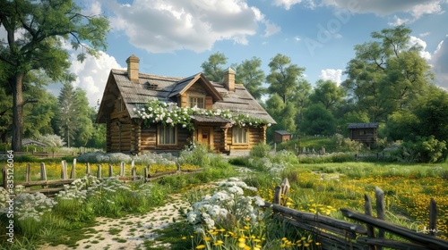 Wallpaper Mural A picturesque log cabin surrounded by lush greenery, blooming flowers, and a serene atmosphere under a blue sky. Torontodigital.ca