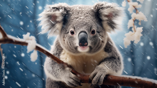 Cute koala perched on a tree branch in the snow 