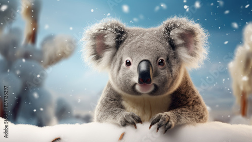Adorable koala exploring a snowy winter forest 