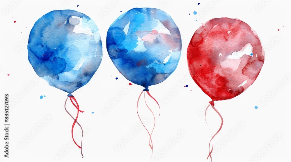Watercolor painting of three balloons, two blue and one red, with delicate brushstrokes and vibrant colors, perfect for festive or artistic themes. Watercolor painting of three balloons, two blue and one red, with delicate brushstrokes and vibrant colors, perfect for festive or artistic themes.