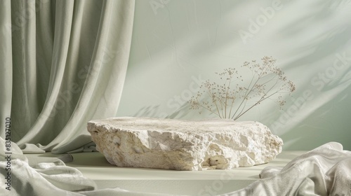 A solitary rock is placed on a fabric-draped surface with a delicate branch in the background, cast in soft daylight.