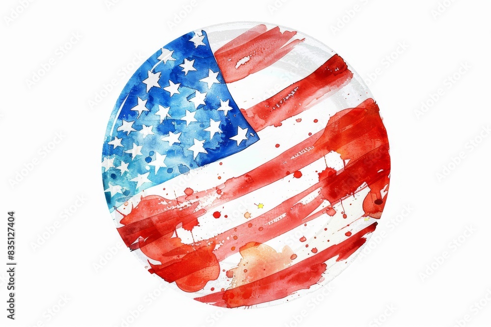 Watercolor painting of American flag in circular shape. Red, white, and ...