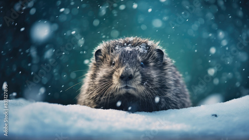 Winter groundhog exploring the snowy landscape 