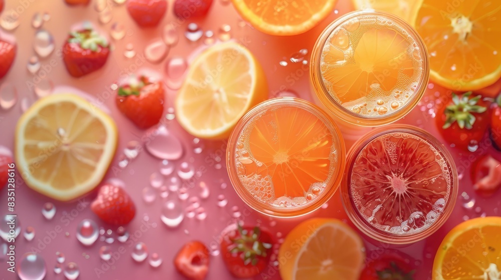 Vibrant citrus and berry drinks on a colorful background, perfect for summer refreshment. Vibrant citrus and berry drinks on a colorful background, perfect for summer refreshment.