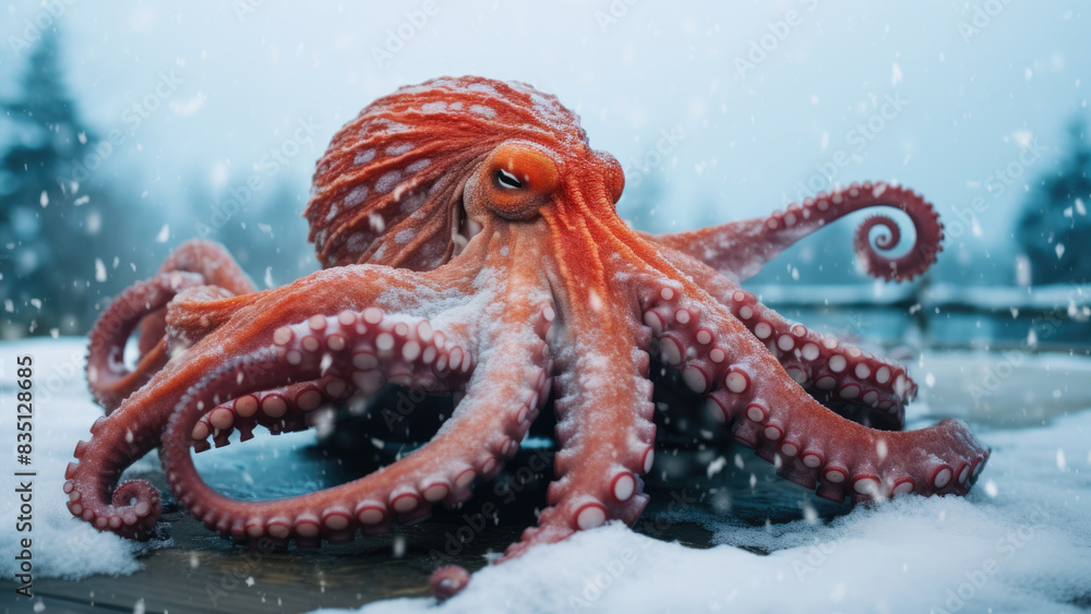 Naklejka premium Majestic Octopus in Winter Snow with Underwater Background 
