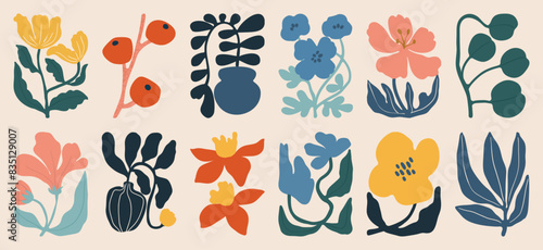Botanical doodle background art vector set. Flower and leaves abstract shape doodle art design for print, wallpaper, clipart, wall art for home decoration.