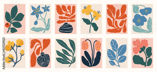 Botanical doodle background art vector set. Flower and leaves abstract shape doodle art design for print, wallpaper, clipart, wall art for home decoration.