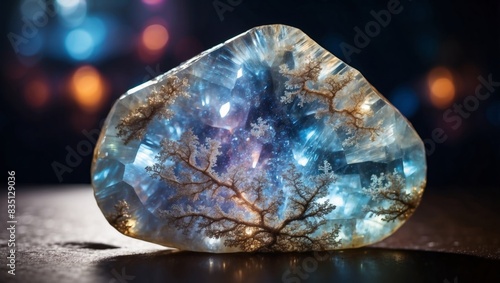 Iridescent Mystical Gem Polished Moonstone Radiates Luminescence in Double Exposure Silhouette.