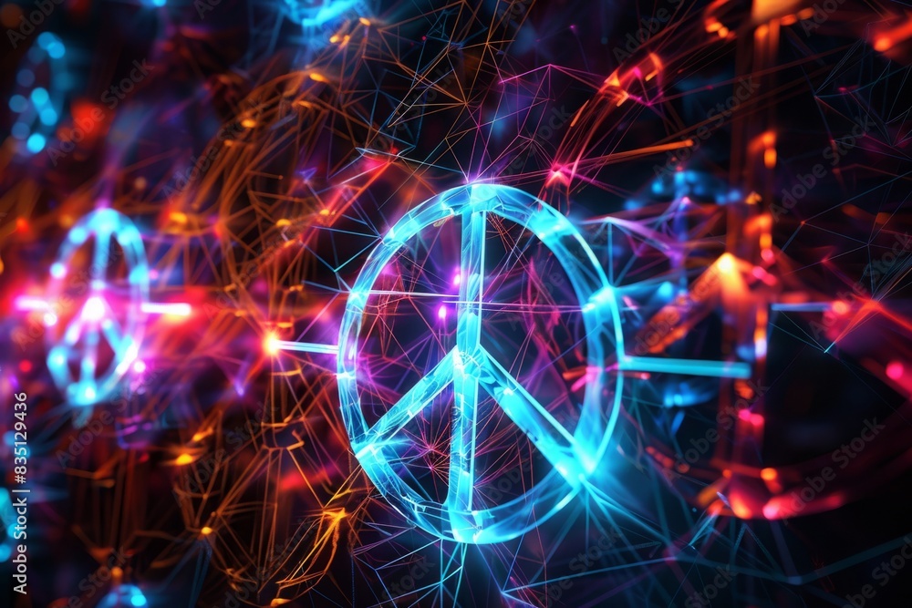 Vibrant digital artwork featuring a glowing peace symbol with a futuristic cyber theme, illuminated in blue and red neon lights. Vibrant digital artwork featuring a glowing peace symbol with a futuristic cyber theme, illuminated in blue and red neon lights.