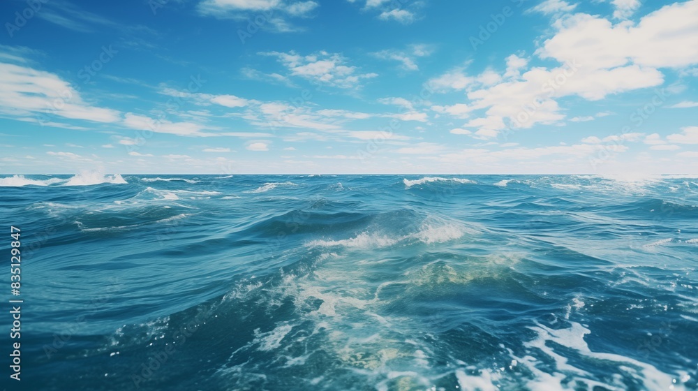 A Captivating View of the Vast Ocean Under a Clear Blue Sky with Gentle Waves and Scattered Clouds