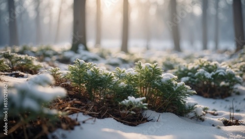 Beautiful background image of a snowy morning winter forest with small snowdrifts close-up and light snowfall. © DEER FLUFFY