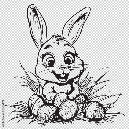 Cute easter bunny and eggs, black vector illustration on transparent background