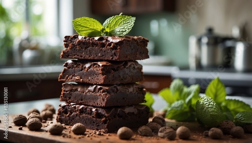 Chocolate Brownie Stack with Fresh Mint Leaves in a Contemporary Kitchen Highlighting Rich Textures and Daylight. photo
