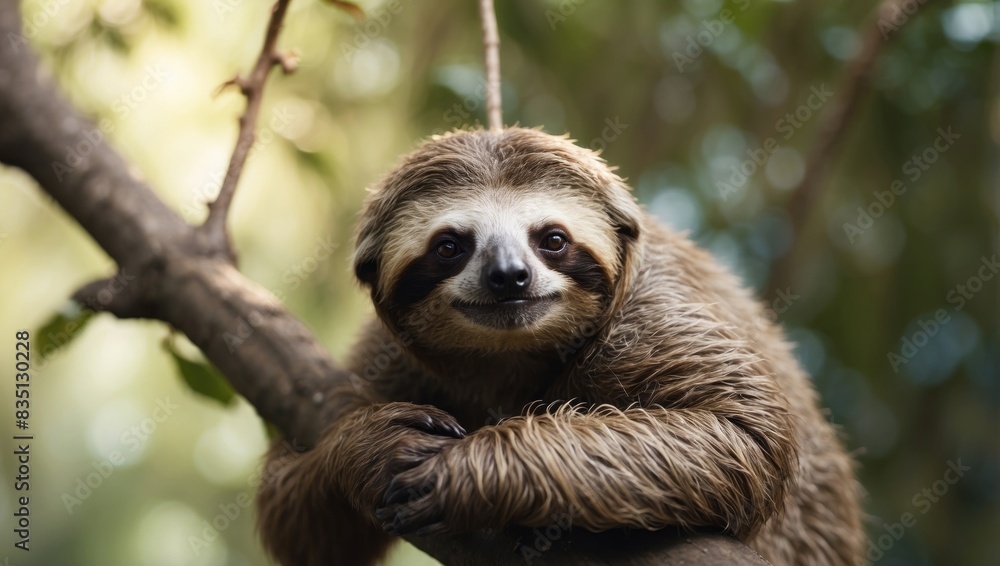 Naklejka premium Pastel D Clay Tranquil Sloth Hanging on a Branch in Dreamy Lighting.