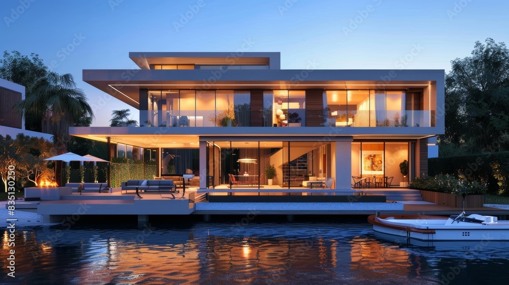 3d rendering of modern house by the river at morning, house, luxury, villa, modern, architecture, building, exterior, residential, property, designer 3d rendering of modern house by the river at morning, house, luxury, villa, modern, architecture, building, exterior, residential, property, designer