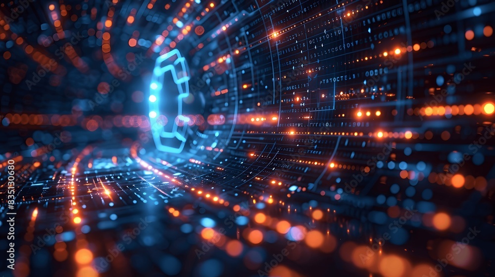 Cybersecurity visual: matrix of code with a digital lock.
Cybersecurity visual: matrix of code with a digital lock.