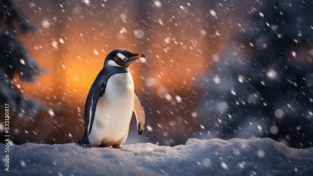 Fototapeta premium Majestic Penguin in Winter Snow with Scenic Background 