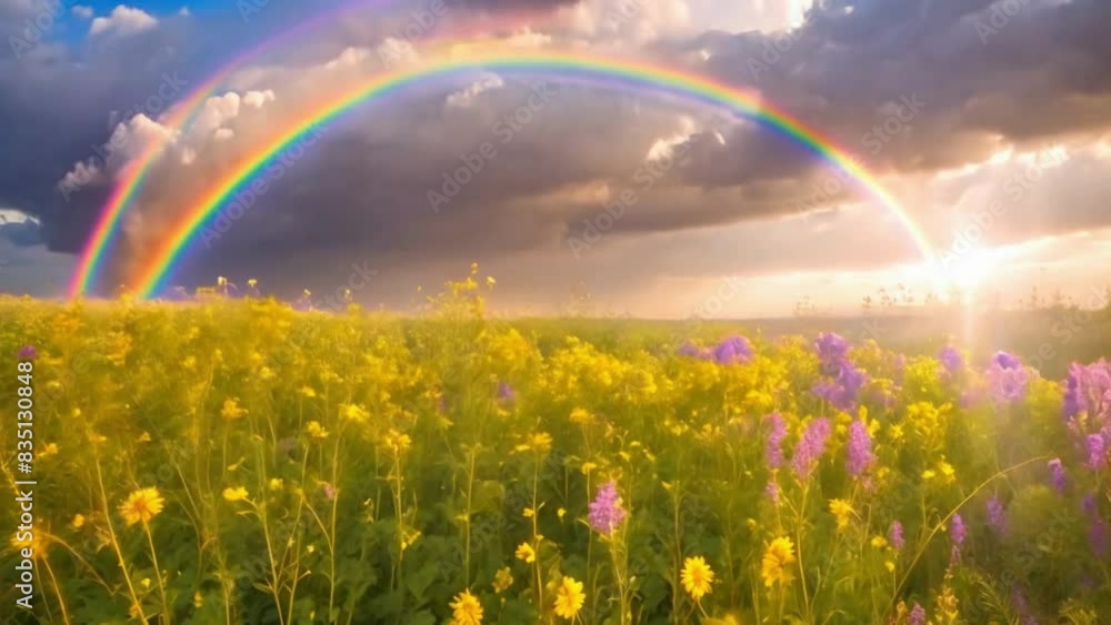 A giant rainbow arcs across the sky with fluffy clouds and a golden sunset. Birds fly gently, and a field of colorful flowers sways in the breeze. The deep blue sky makes the rainbow colors A giant rainbow arcs across the sky with fluffy clouds and a golden sunset. Birds fly gently, and a field of colorful flowers sways in the breeze. The deep blue sky makes the rainbow colors