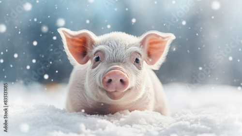 Cute Baby Pig in Frosty Winter Landscape with Snowflakes
