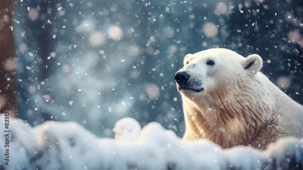 Powerful Polar Bear in Frosty Winter Landscape with Snowflakes
Powerful Polar Bear in Frosty Winter Landscape with Snowflakes