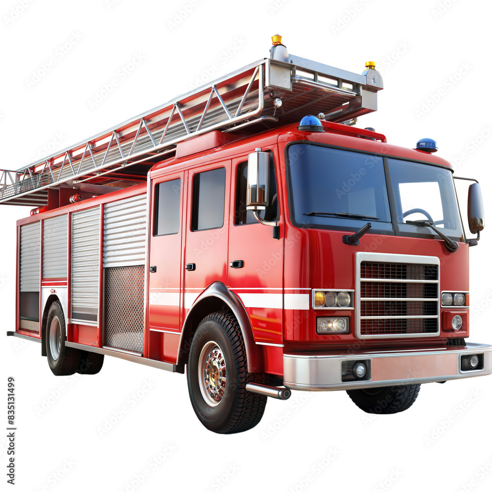 A bright red fire truck equipped with a ladder, prepared for emergency situations