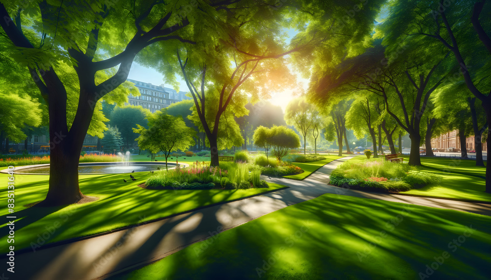 Obraz premium Sunlit Park with Lush Greenery and Tree-Lined Pathways