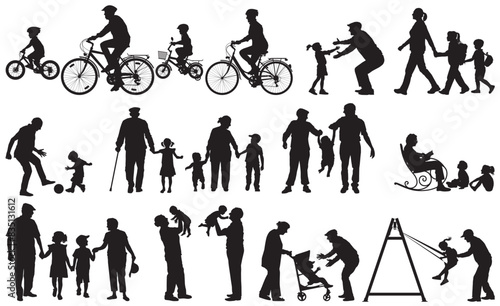 Vector silhouettes collection of grandparents grandchild  playing together