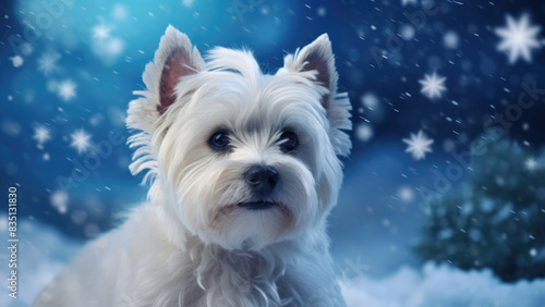 Cute White Dog in Winter Snow with Scenic Background 
