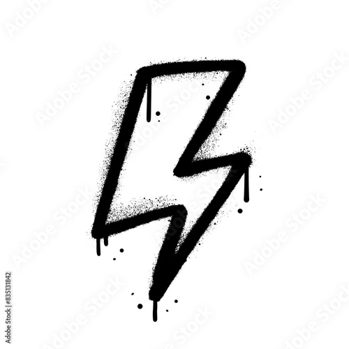 Urban graffiti lightning power symbol in black over white. Spray textured hand drawn vector illustration.