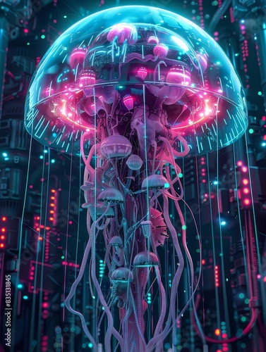 Digital of a jellyfish-like creature evolving into a robotic,cyberpunk,neon-lit form,symbolizing the evolution of intelligence and the convergence of biology and technology in a photo