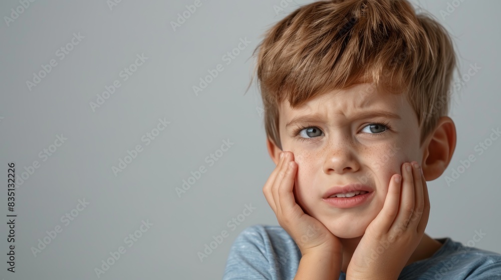 little boy presses hand to cheek, suffers from pain in tooth isolated on gray studio background. Teeth decay, dental problems, child emotions and facial expression little boy presses hand to cheek, suffers from pain in tooth isolated on gray studio background. Teeth decay, dental problems, child emotions and facial expression