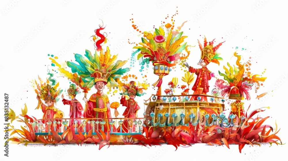 Obraz premium Vibrant watercolor illustration of a carnival parade with colorful costumes, dancers, and festive decorations on a white background.