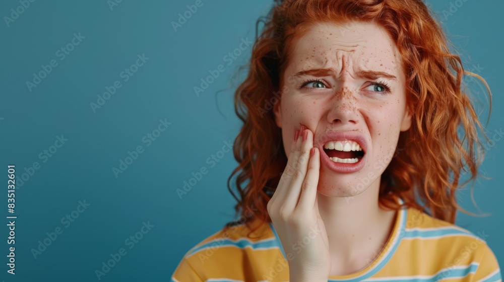 Fototapeta premium woman feel toothache from gingivitis, female suffer tooth, decay problems, dental care. sensitive tooth, decay problem, bad breath, Gingival Recession, Oral Hygiene instruction