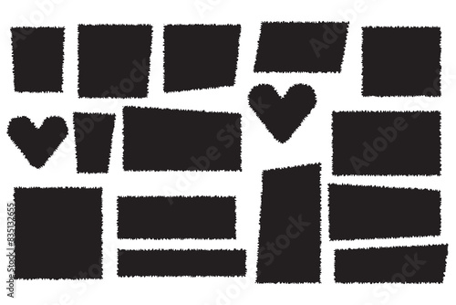 Set of torn paper pieces. Black grunge jagged rectangle frames. Vector torn paper sheet for sticker, collage, banner. Ripped shapes silhouettes isolated on white background.