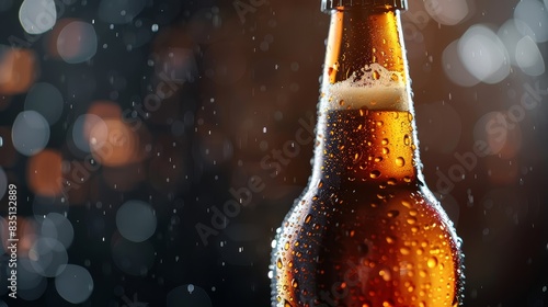 Refreshing beer bottle with condensation in a photorealistic close-up, set against a dark, blurred background. Great for themes of chill and refreshment