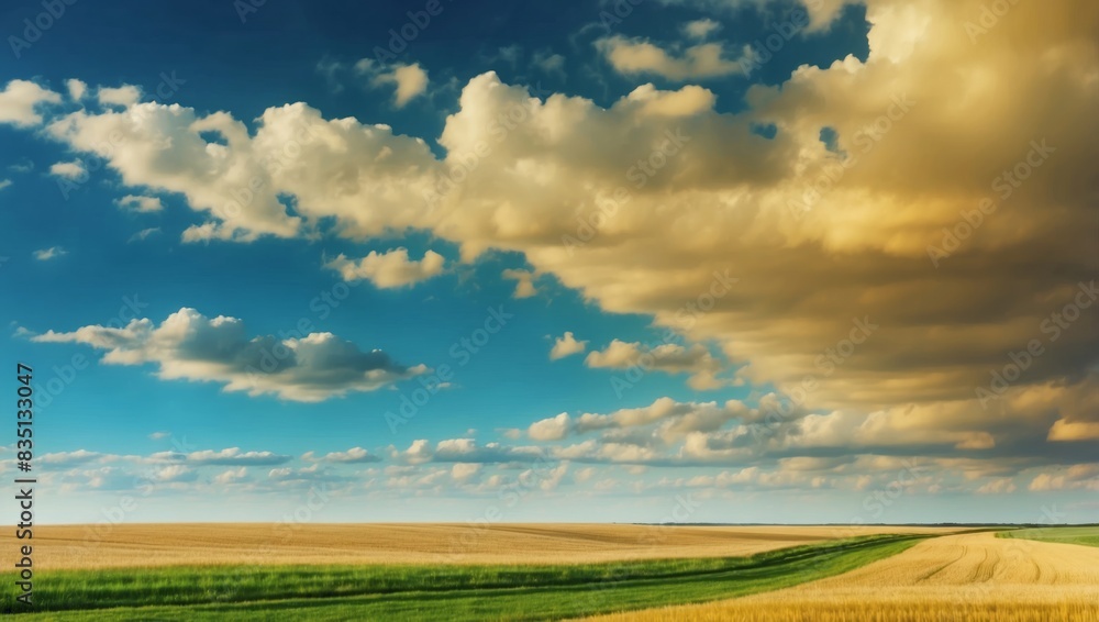 Panoramic natural landscape with green grass, field of Golden ripe wheat and blue sky with clouds and curved horizon line Colorful summer panorama of combination of yellow and green fields.