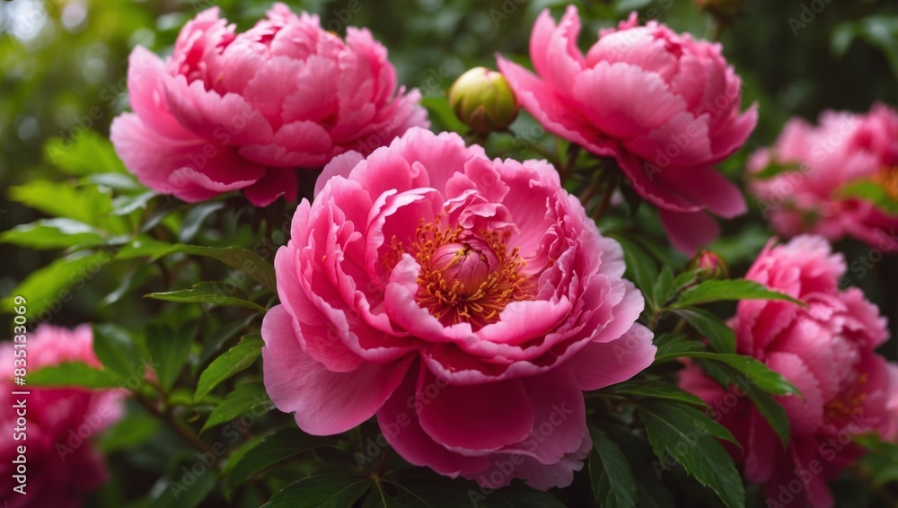 Beautiful large crimson pink peony flowers on a bush in the garden close-up macro with soft focus and beautiful bokeh Bright colorful artistic image. Beautiful large crimson pink peony flowers on a bush in the garden close-up macro with soft focus and beautiful bokeh Bright colorful artistic image.