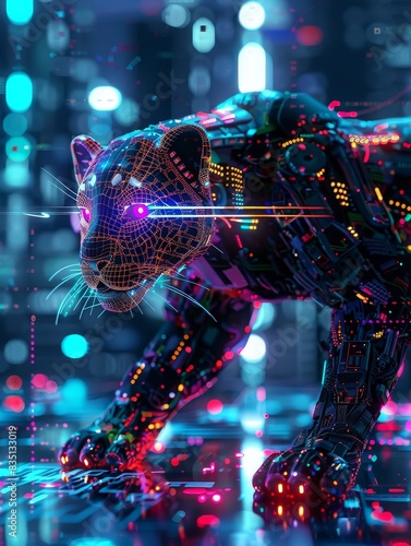 Jaguar Evolving into Robotic Entity with Neon Lights and Digital Art Aesthetics - Depicting the Convergence of Technology and Nature,Visualizing the Future of Intelligent Life.