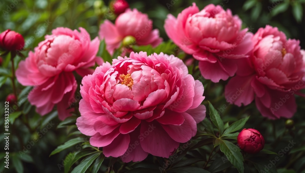 Beautiful large crimson pink peony flowers on a bush in the garden close-up macro with soft focus and beautiful bokeh Bright colorful artistic image. Beautiful large crimson pink peony flowers on a bush in the garden close-up macro with soft focus and beautiful bokeh Bright colorful artistic image.