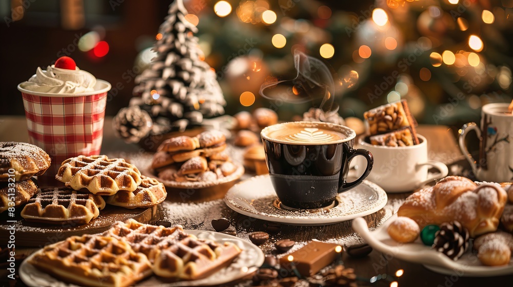 Naklejka premium Cup of hot coffee and bakery goods Various waffles and breads are on the table. and decorated with Christmas There is a Christmas tree and various decorations. to celebrate the Christmas festival