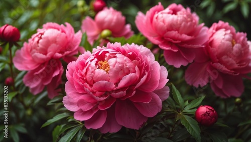 Beautiful large crimson pink peony flowers on a bush in the garden close-up macro with soft focus and beautiful bokeh Bright colorful artistic image.